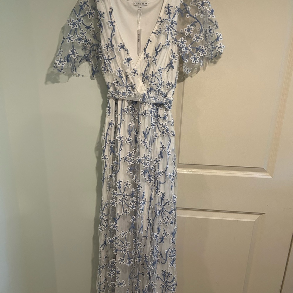 Floral Embroidered Maxi Dress in Blue and White